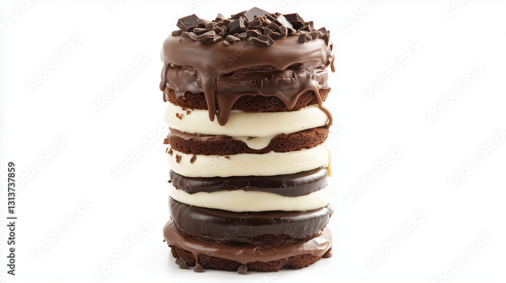 A towering chocolate overload cake layered with milk, dark, and white chocolate mousse, finished with a chocolate glaze, clean background A towering chocolate overload cake layered with milk, dark, and white chocolate mousse, finished with a chocolate glaze, clean background