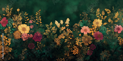 Delicate floral border with gold and red blossoms over an emerald green textured background, creating a vintage-inspired maximalist artwork.