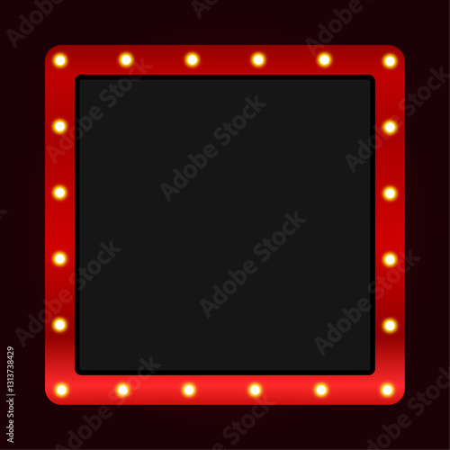 Retro sign frame. Retro box frame with light bulb. Red retro box with light bulb