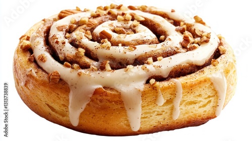 Wallpaper Mural Delicious Cinnamon Roll Topped with Creamy Glaze and Crunchy Pecans on a White Background Close Up Torontodigital.ca