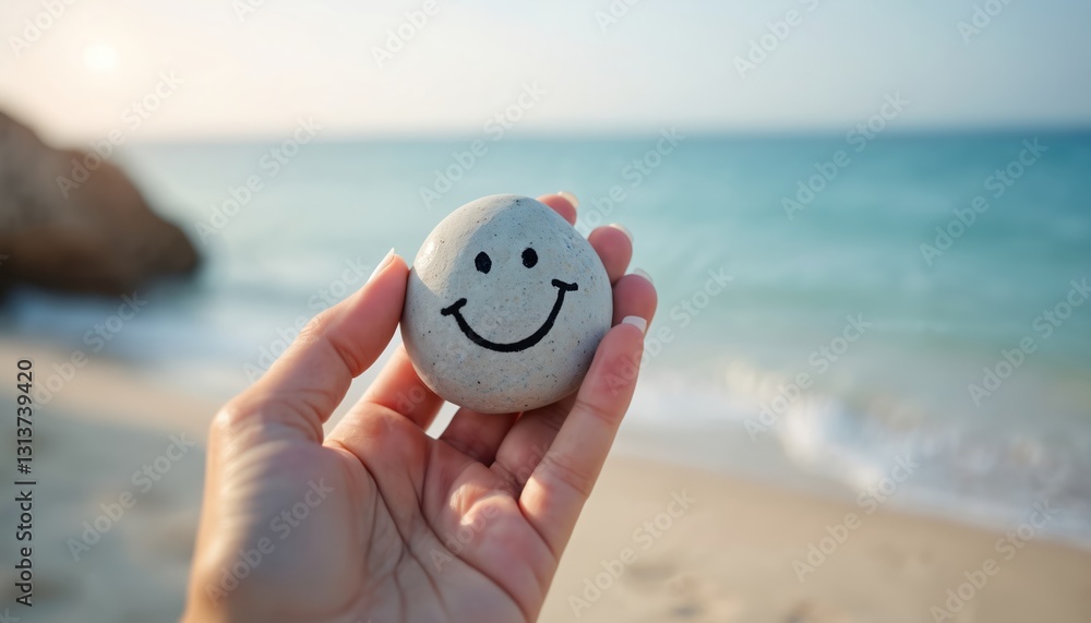 Obraz premium Close-up of hand holding smiling stone at beach. Concept of happiness, positive thinking and mindful living. Happy face pebble stone on the palm at blue ocean shore.