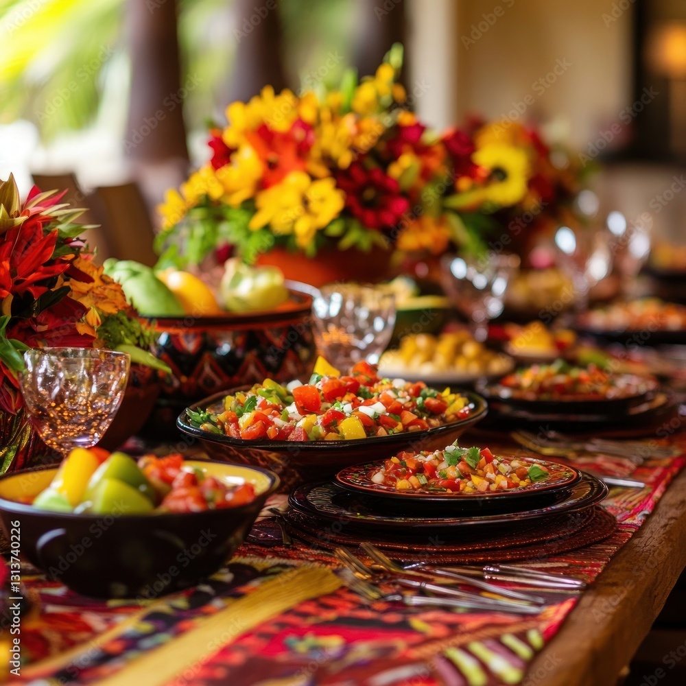 Festive table adorned with fresh salsa bowls vibrant flowers and bright colors perfect for celebration Festive table adorned with fresh salsa bowls vibrant flowers and bright colors perfect for celebration