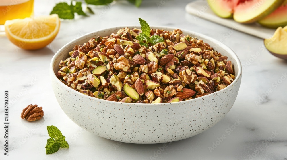 Fresh Mix of Almonds Walnuts Pistachios and Mint in White Bowl on Marble Surface Displaying Elegant Snacking Fresh Mix of Almonds Walnuts Pistachios and Mint in White Bowl on Marble Surface Displaying Elegant Snacking