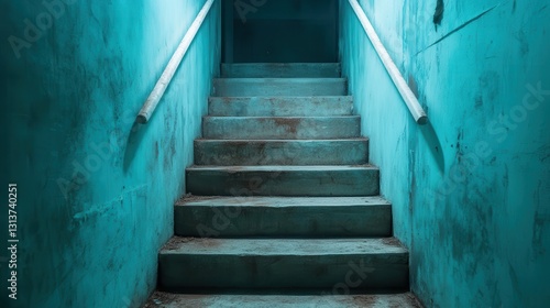 Mysterious and slightly eerie  these dimly lit stairs in a weathered teal environment evoke feelings of uncertainty and curiosity  perfect for dramatic narratives.