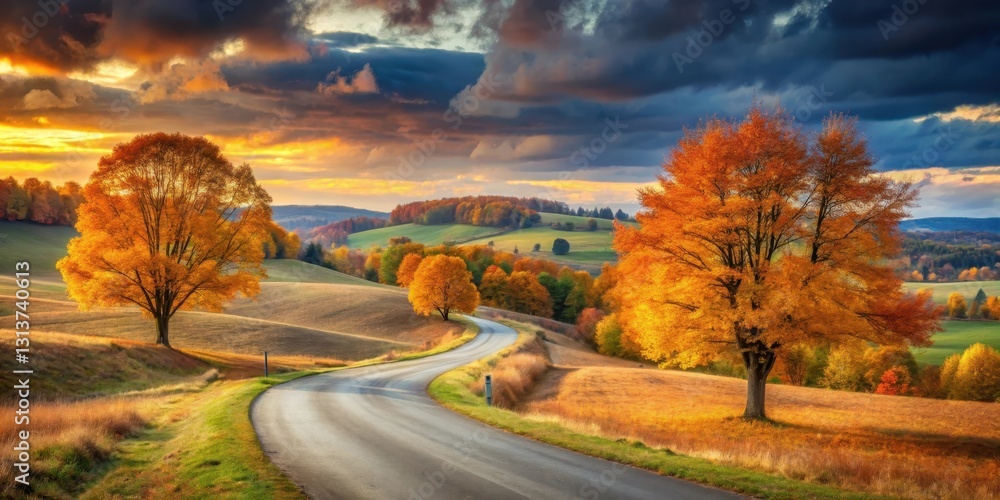 Fototapeta premium Autumnal Road Winding Through Golden Fields and Vibrant Trees Under a Dramatic Sunset Sky