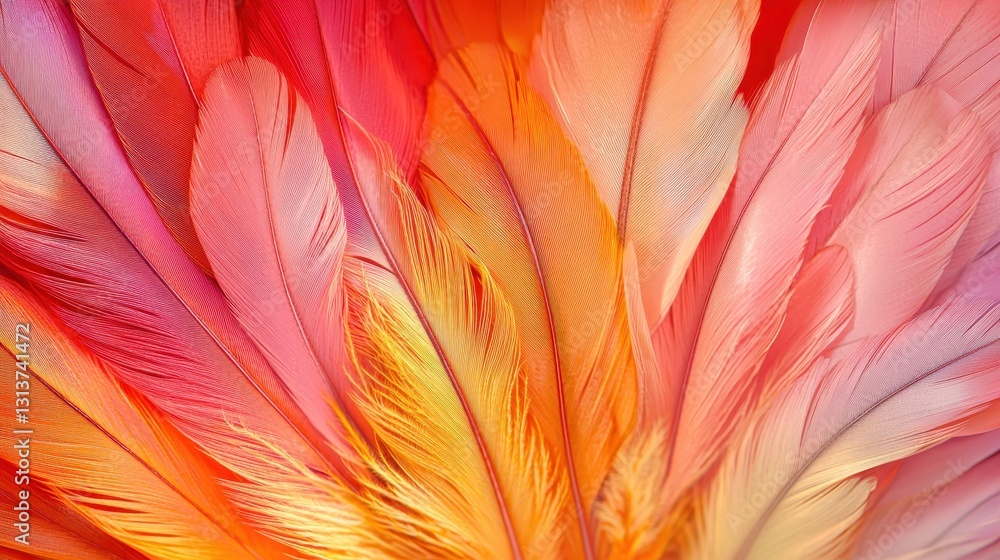 A vibrant arrangement of colorful feathers in shades of orange and pink, creating a visually striking and textured appearance. A vibrant arrangement of colorful feathers in shades of orange and pink, creating a visually striking and textured appearance.