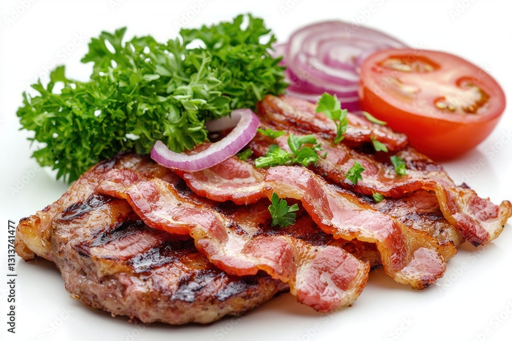 Juicy grilled burger topped with crispy bacon red onion tomato and fresh green parsley against white background Juicy grilled burger topped with crispy bacon red onion tomato and fresh green parsley against white background
