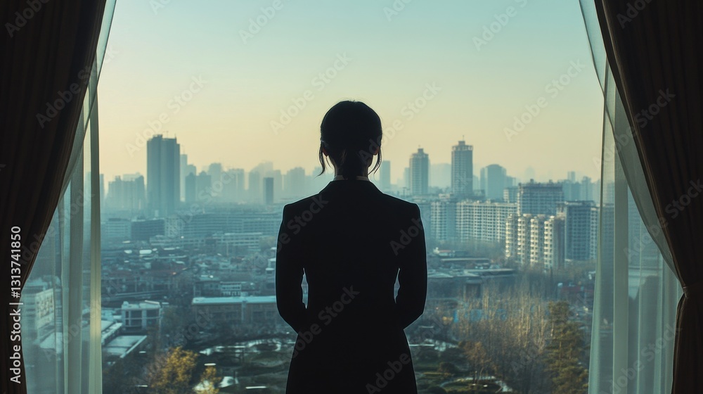 Fototapeta premium woman in business suit looking at city skyline from window
