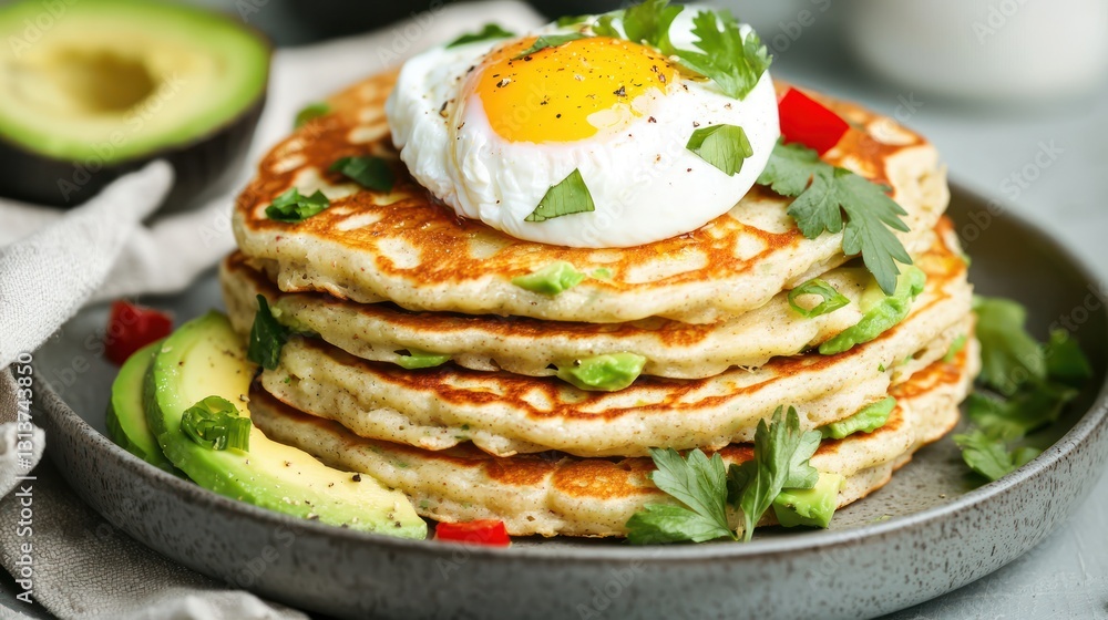 Delicious stack of avocado pancakes topped with poached egg and parsley fresh breakfast culinary delight Delicious stack of avocado pancakes topped with poached egg and parsley fresh breakfast culinary delight