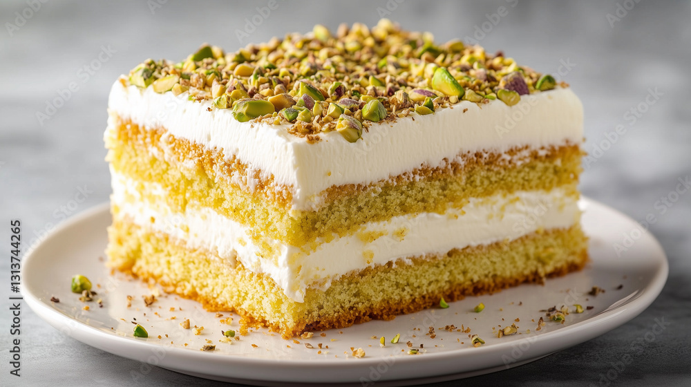 A pistachio tres leches cake with a nutty pistachio sponge soaked in creamy three-milk blend and garnished with crushed pistachios, clean background A pistachio tres leches cake with a nutty pistachio sponge soaked in creamy three-milk blend and garnished with crushed pistachios, clean background