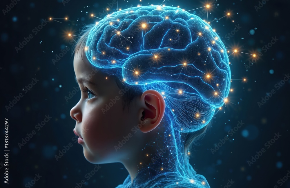 Obraz premium Side profile of child with digital glowing brain. Blue lines, neural connections represent artificial intelligence. AI deep learning, creative mind, imagination power, futuristic tech, intellect