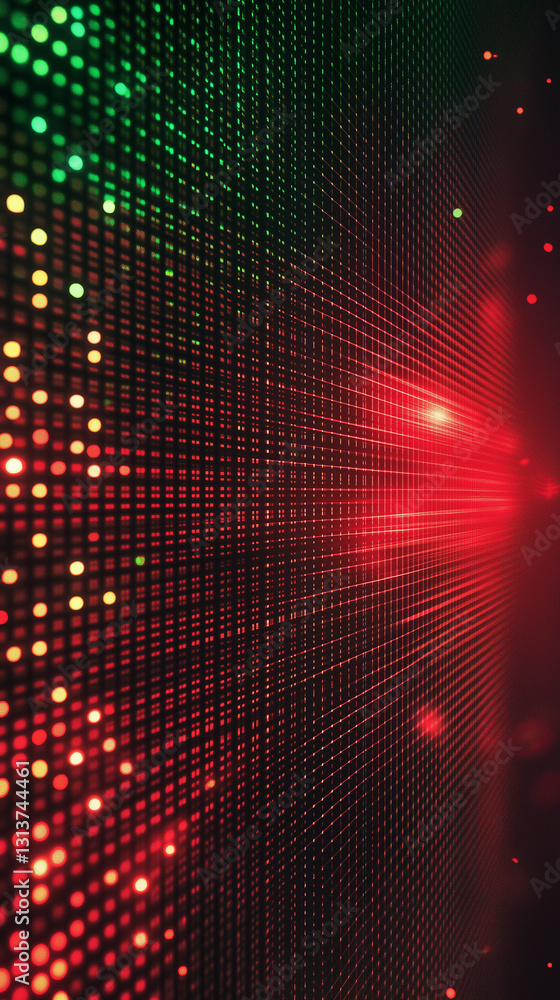 A digital perspective grid filled with red, green, and yellow pixel lights. The image resembles a futuristic data stream or a virtual matrix simulation. A digital perspective grid filled with red, green, and yellow pixel lights. The image resembles a futuristic data stream or a virtual matrix simulation.