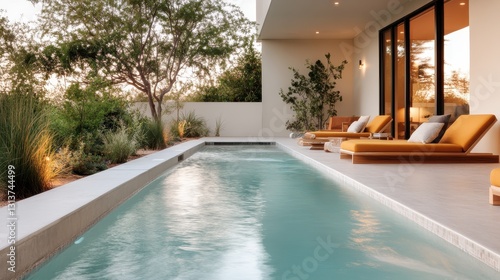 This stunning outdoor scene includes a serene pool area featuring elegant loungers  framed by lush greenery and bathed in warm sunlight for a luxurious feel.