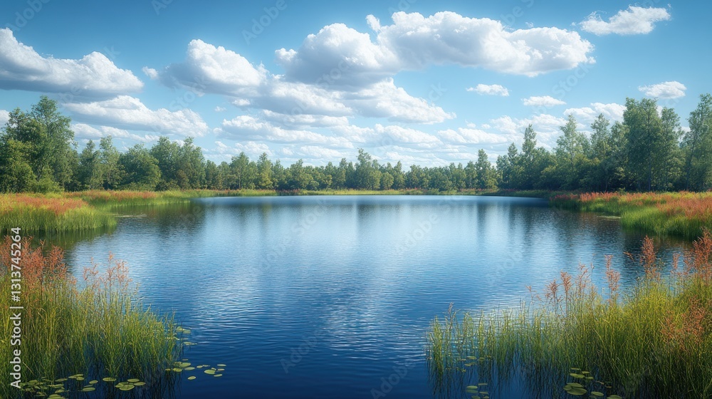 Calm lake, summer sky, forest reflection, idyllic scene, nature tourism Calm lake, summer sky, forest reflection, idyllic scene, nature tourism