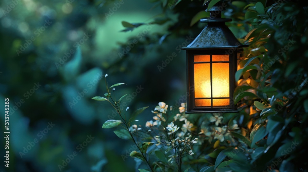 Εκτύπωση καμβά A vintage lantern glows gently, surrounded by deep green leaves and delicate flowers, creating a peaceful nighttime garden scene