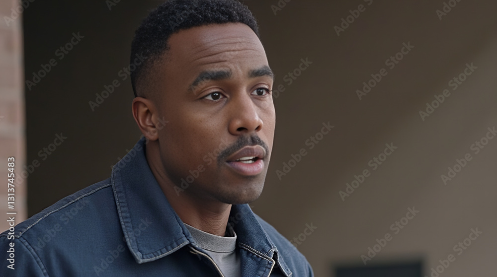 Fototapeta premium Thoughtful Young Man in Denim Jacket – Confident and Serious Expression in Urban Setting