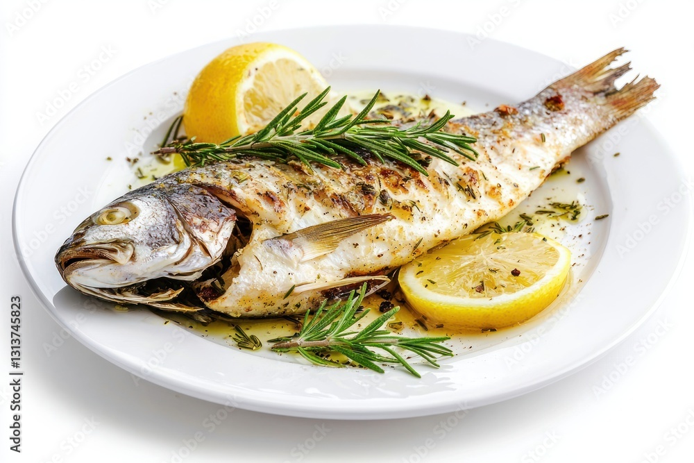 Delicious grilled sea bass plated with fresh rosemary sprigs and a zesty lemon garnish on white dish Delicious grilled sea bass plated with fresh rosemary sprigs and a zesty lemon garnish on white dish