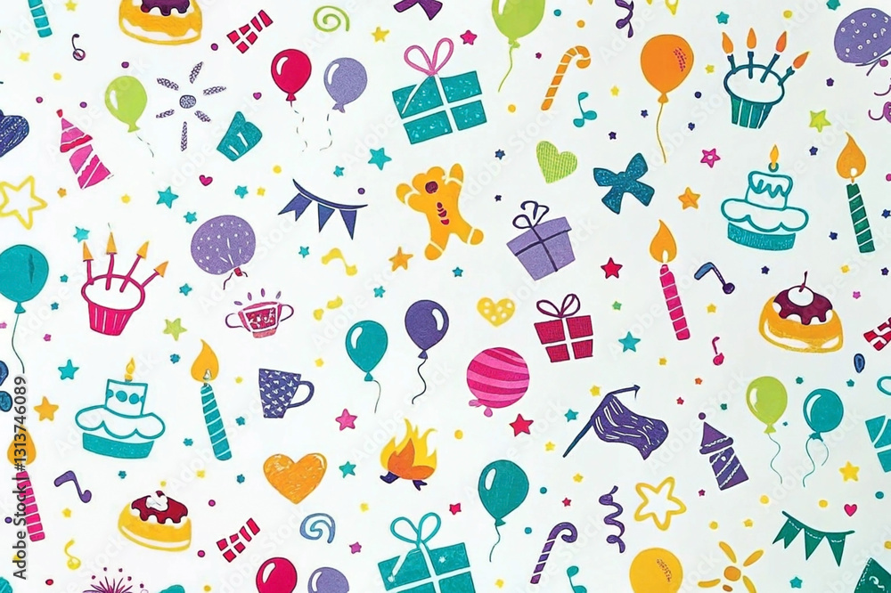 Colorful birthday party seamless pattern with cakes, balloons, gifts, and candles. Colorful birthday party seamless pattern with cakes, balloons, gifts, and candles.