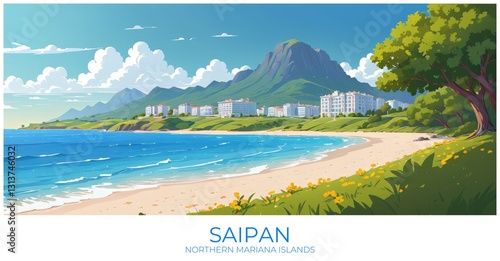 Saipan Northern mariana islands Travel Poster Flat Illustration Print Decor Gift Canvas Wall Art