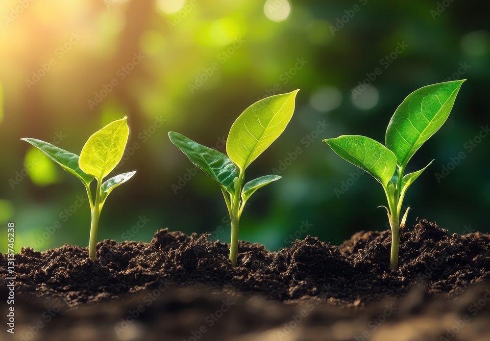 Fototapeta premium Three Young Green Seedlings Sprouting from Dark Soil Under Gentle Sunrise Light in a Lush Garden Setting Representing Growth and Renewal