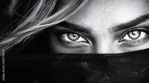 A moody black-and-white portrait of a woman with intense eye contact, timeless appeal