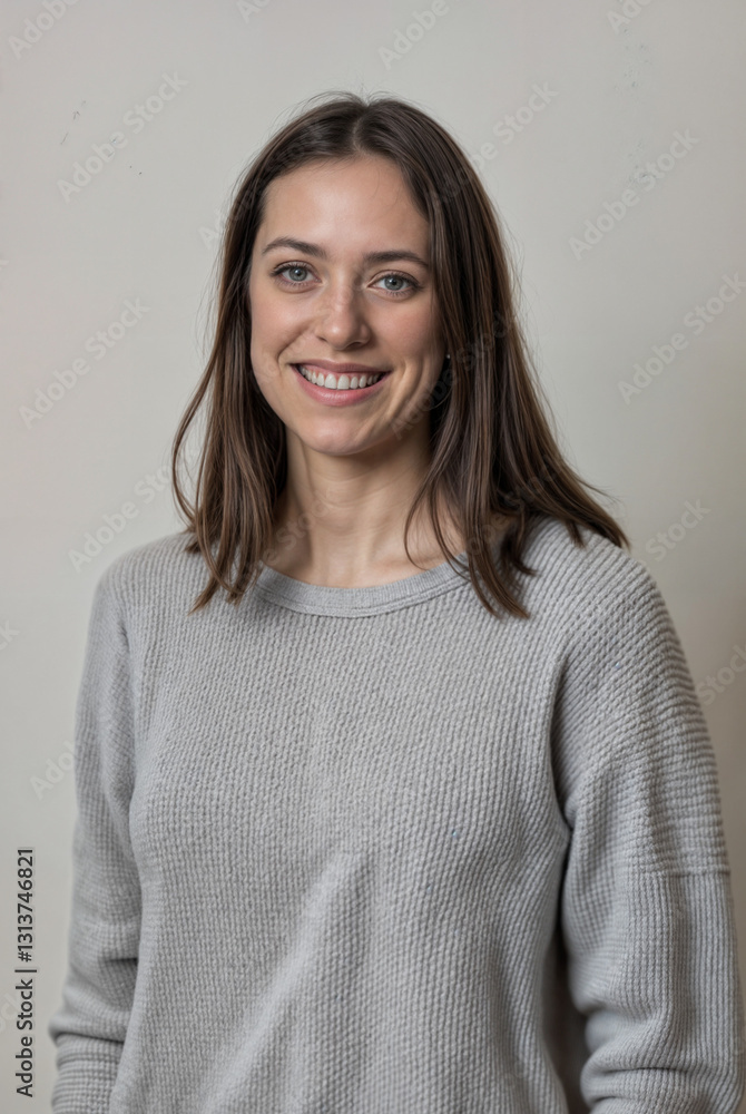 Smiling Young Woman in Casual Gray Sweater – Natural and Friendly Portrait Smiling Young Woman in Casual Gray Sweater – Natural and Friendly Portrait