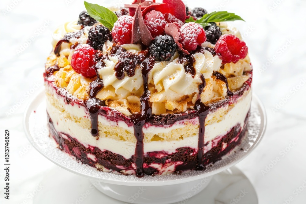 Appetizing blackberry raspberry layer cake adorned with chocolate and cream served on table Delightful and delicious cake studio food photography for celebration Appetizing blackberry raspberry layer cake adorned with chocolate and cream served on table Delightful and delicious cake studio food photography for celebration