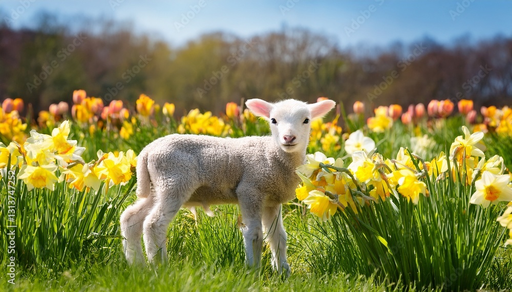Lamb in Flower Meadow. Spring landscape with lamb on background of blooming daffodils. Pastoral, idyllic, spring scenery Lamb in Flower Meadow. Spring landscape with lamb on background of blooming daffodils. Pastoral, idyllic, spring scenery