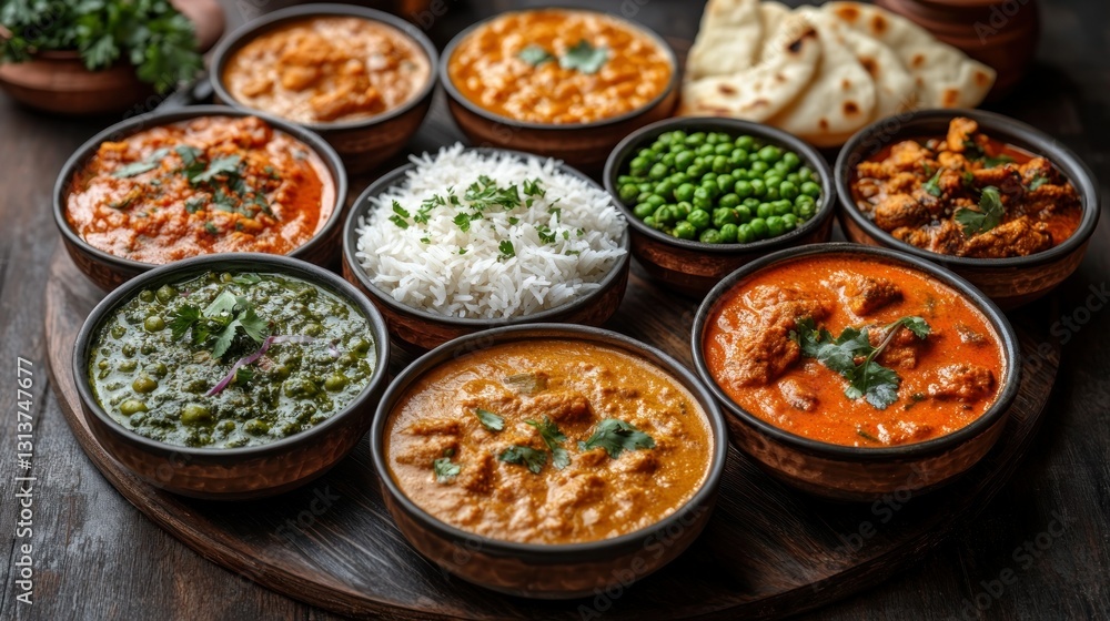 Assorted Indian curries, rice, and naan Assorted Indian curries, rice, and naan