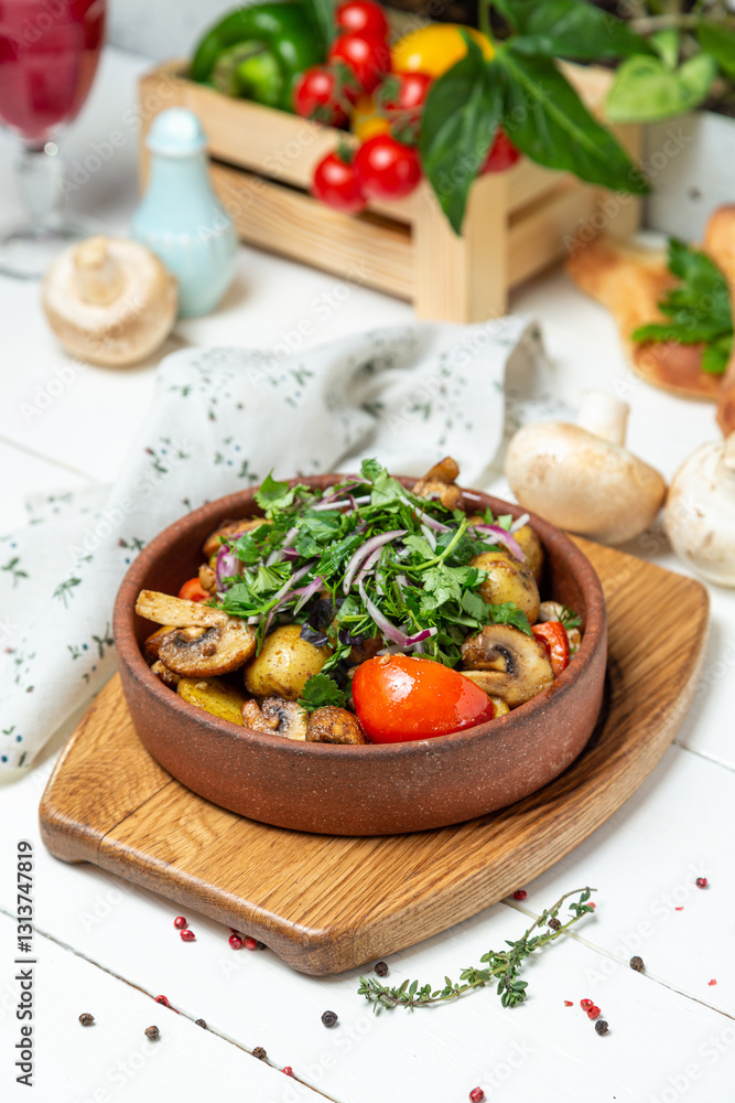 Fried potatoes with mushrooms and fresh herbs in a plate on a serving table Fried potatoes with mushrooms and fresh herbs in a plate on a serving table