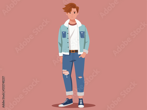 casual outfit featuring a white t-shirt, denim jacket, and ripped jeans