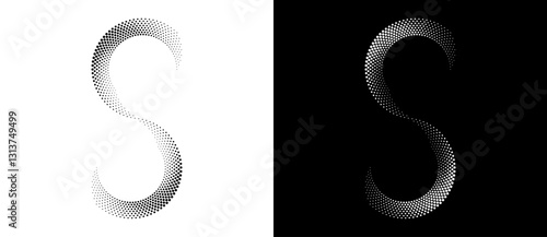 Spiral as halftone dotted abstract infinity symbol. Black shape S letter on a white background and the same white shape on the black side.