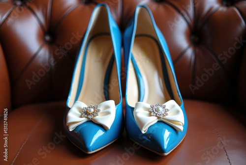 Two blue high-heeled shoes with white bows and rhinestones on a brown leather couch