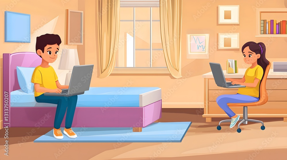 Comfortable atmosphere of a living room with a man and woman engaging in relaxed online therapy session together Comfortable atmosphere of a living room with a man and woman engaging in relaxed online therapy session together