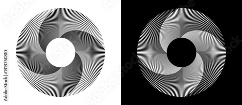 Set of circles with lines. Lines in one color with different thickness. Black spiral on white background and white spiral on black background. Dynamic design element, logo or icon.
