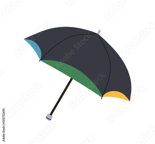 Icon of open black umbrella with colored elements. Foldable parasol for protection from rain or sun. Brolly, gamp, canopy from rainy weather. Flat isolated vector illustration on white background