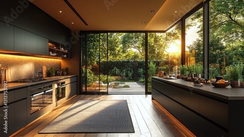 Modern kitchen  sunset garden view  interior design  home decor