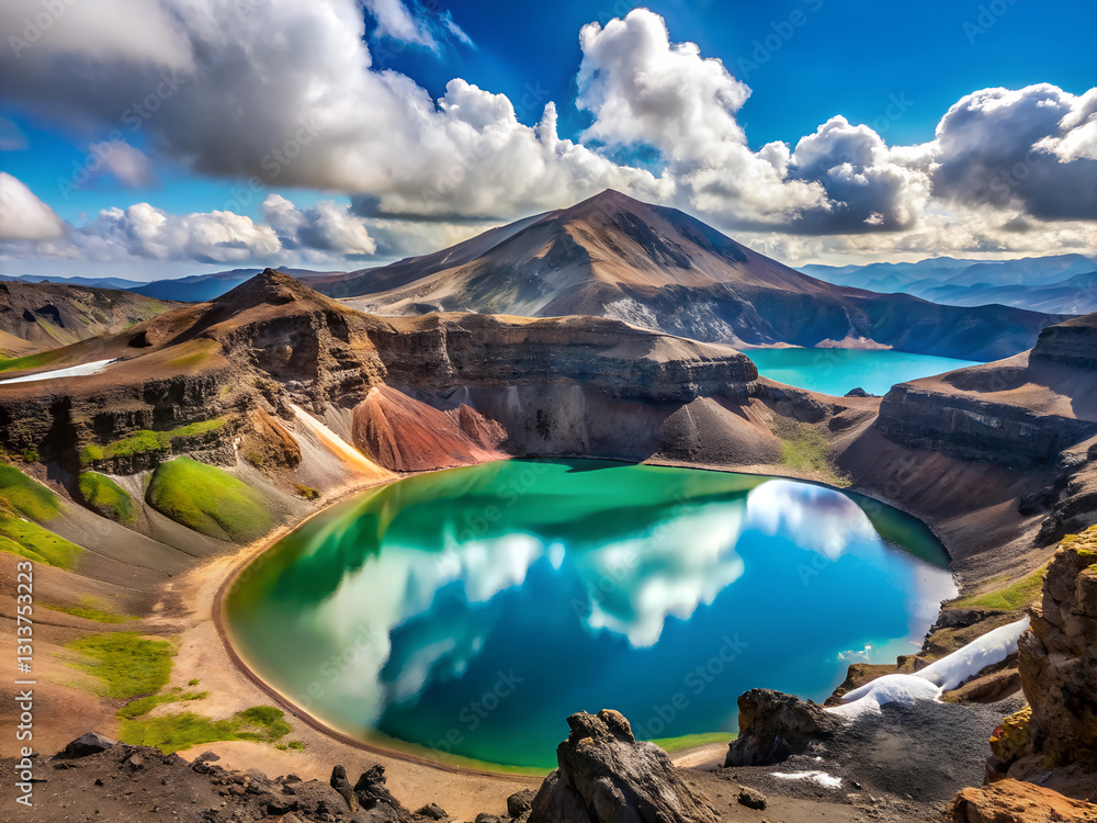 Naklejka premium Lake in the crater of gorely volcano in kamchatka peninsula, russia.
