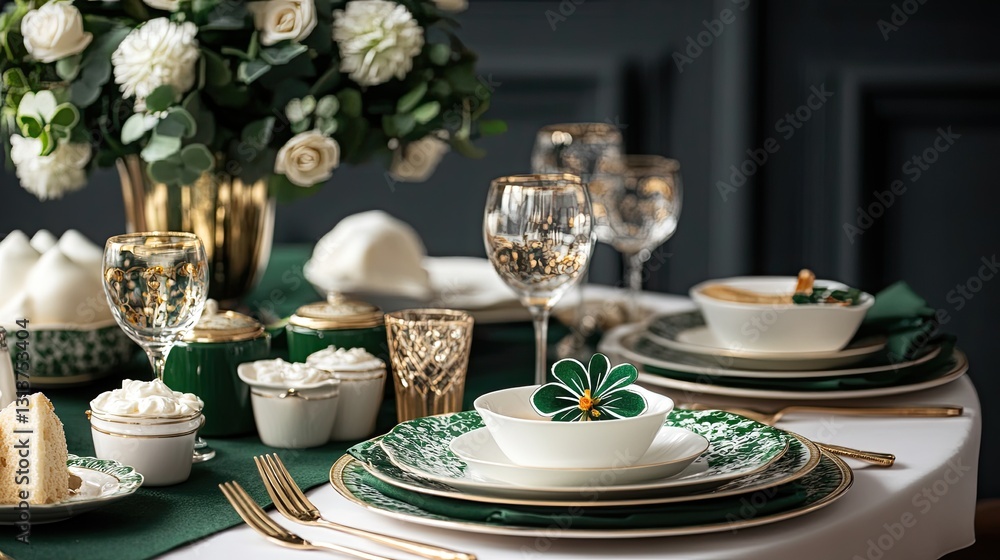 Fototapeta premium Elegant Table Setting with Green and Gold Dinnerware and Flowers