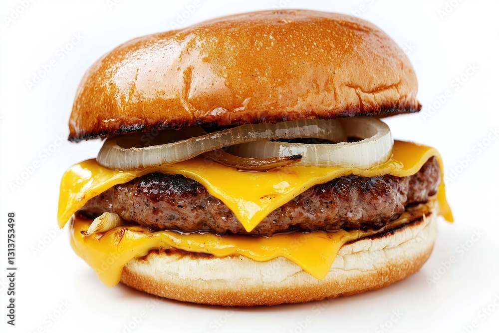 Delicious juicy cheeseburger with melted cheese and grilled onions on white background Delicious juicy cheeseburger with melted cheese and grilled onions on white background