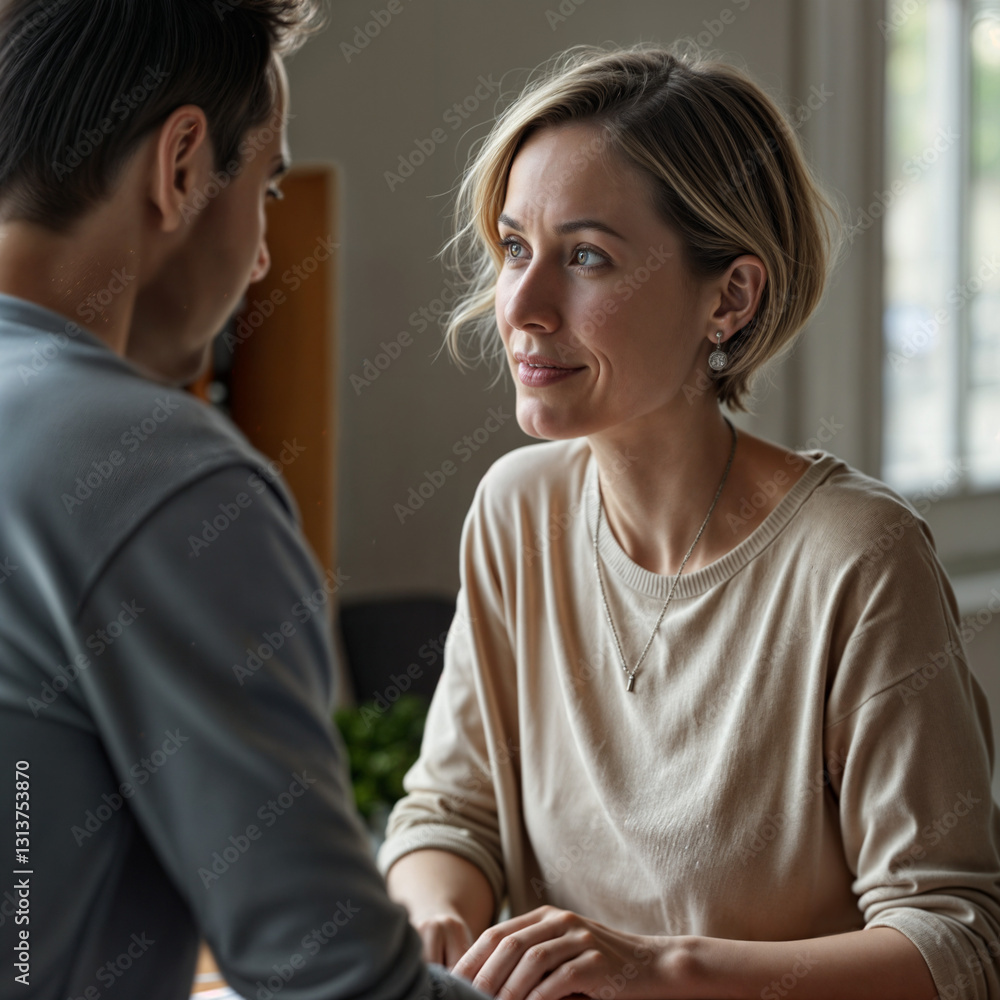 Caring Woman Holding Hands with Man – Emotional Connection and Supportive Conversation Caring Woman Holding Hands with Man – Emotional Connection and Supportive Conversation