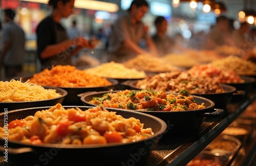 Fototapeta Naklejka Na Ścianę i Meble -  Assorted asian dishes at food court in shopping mall. Variety of tasty cooked food noodles, pasta, vegetables, meat for lunch or dinner. Catering service with warm meals. Assortment of take-out food.