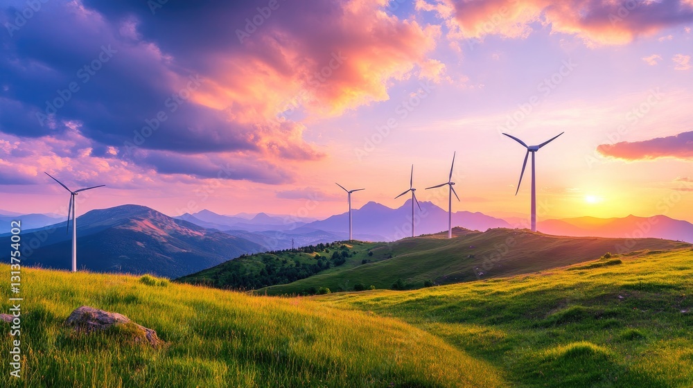 Scenic Wind Turbines on Lush Green Hills Under Colorful Sky Scenic Wind Turbines on Lush Green Hills Under Colorful Sky