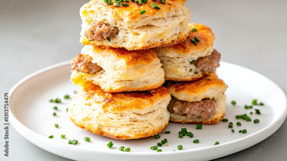 Delicious Stack of Sausage Biscuits on White Plate Food Photography Breakfast Southern Brunch Treat Tasty Delicious Stack of Sausage Biscuits on White Plate Food Photography Breakfast Southern Brunch Treat Tasty