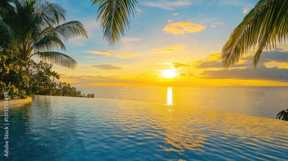 Fototapeta premium Serene Sunset Over Tranquil Ocean with Infinity Pool Surrounded by Lush Tropical Foliage and Palm Trees