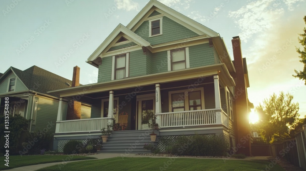 Obraz premium charming green twostory house at sunset