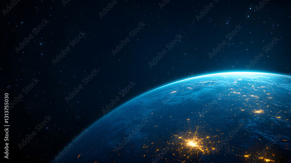 Fototapeta premium Beautiful scene looking down at the Earth from space, blue technological earth against the background of the universe