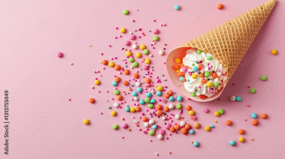 Waffle cone with whipped cream and colorful sprinkles on soft pink surface flat lay overhead shot Waffle cone with whipped cream and colorful sprinkles on soft pink surface flat lay overhead shot