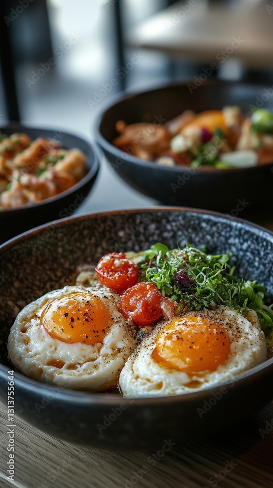 Fried eggs served with vegetables and tomatoes. Fried eggs served with vegetables and tomatoes.