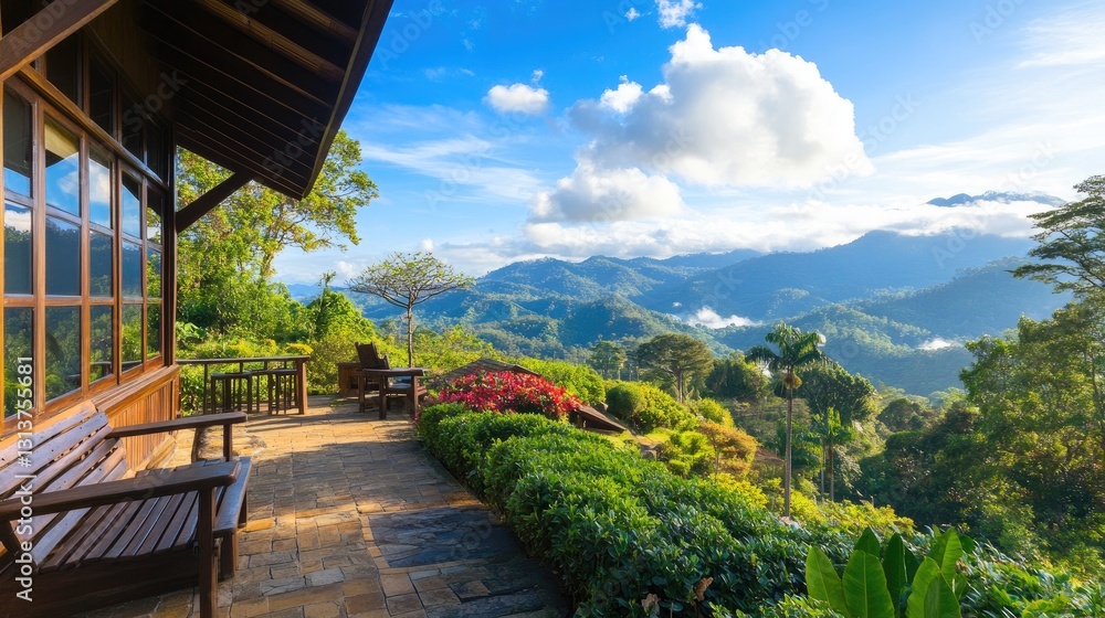 Obraz premium Scenic Mountain View from Cozy Wooden Deck in Bright Daylight